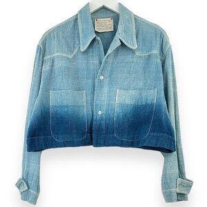 Artisanal Handmade Plant Dyed Two Tone Blue Boxy Fit Cropped Light Shirt Jacket